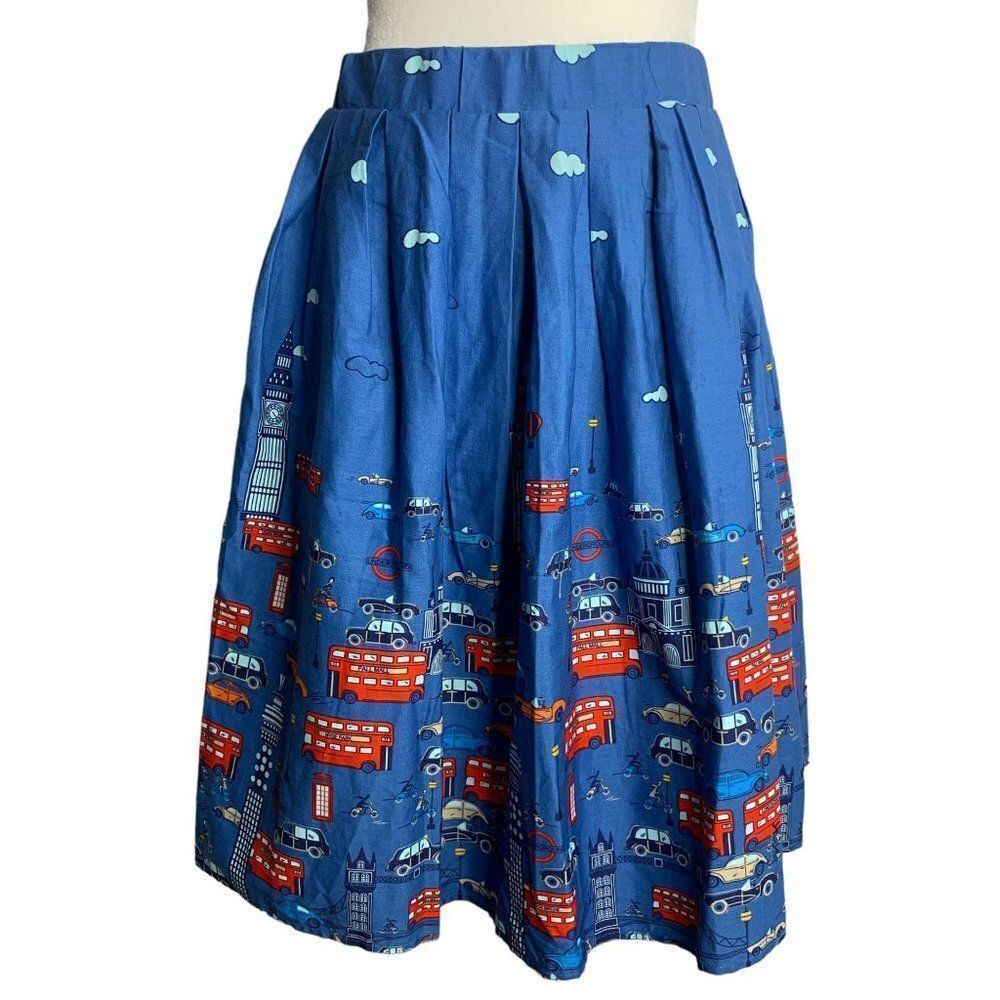 Retro London Pleated Swing Skirt S Blue Elastic Waist Pockets Knee Length Pinup